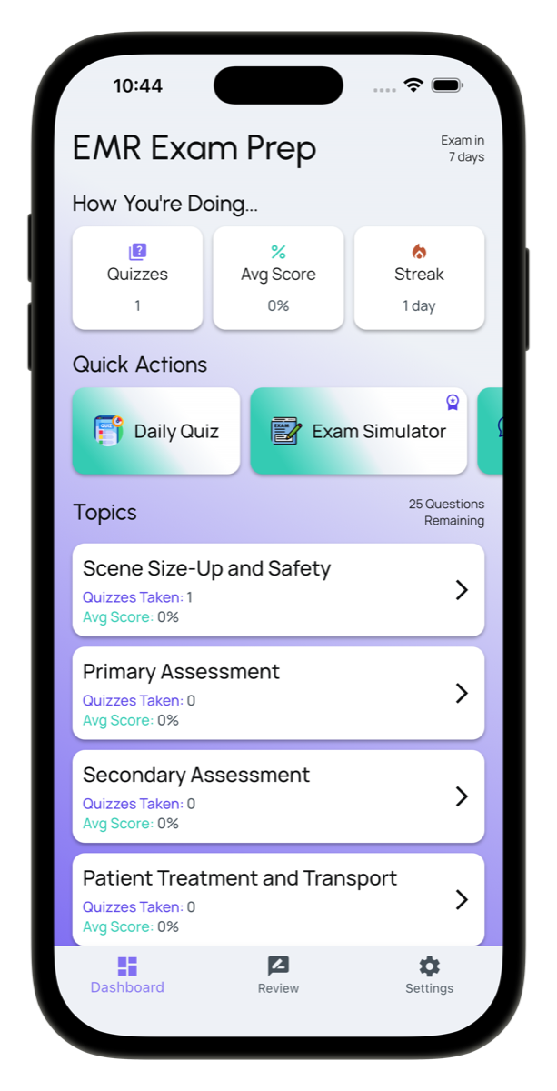 EMR Exam Prep dashboard with daily quizzes, exam simulator, and study topics