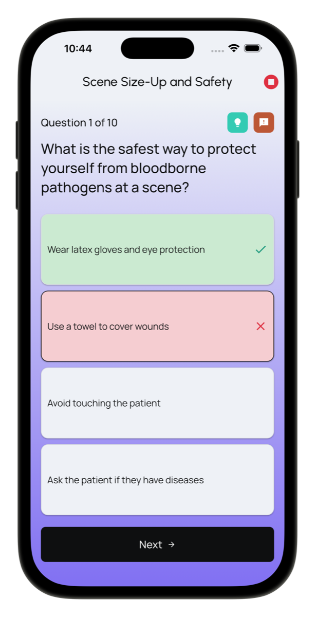 EMR Exam Prep topic quiz showing answer feedback